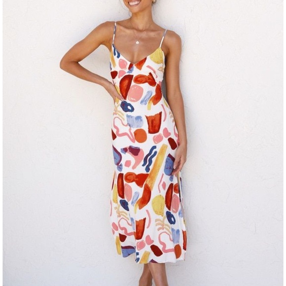 Abstract Paint Print Tie-Back Slip Dress Size Small Cutout Midi Spaghetti Strap - Picture 4 of 6